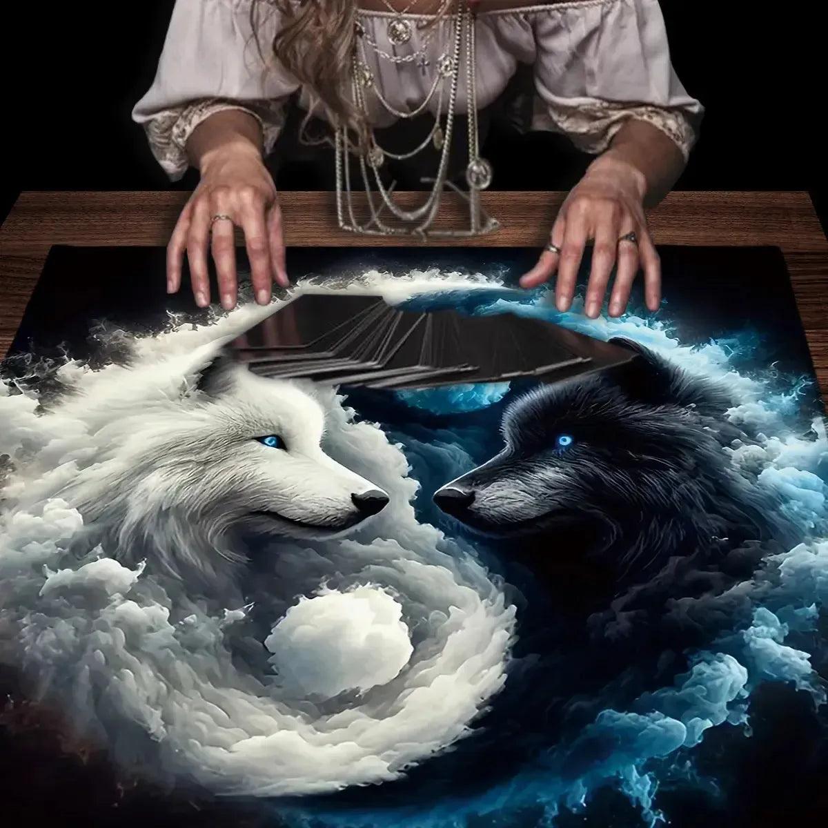 Yin-Yang Wolf Tarot Tablecloth Mysterious Wolves Altar Cloth Witchy Tarot Mat-MoonChildWorld