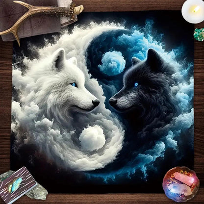 Yin-Yang Wolf Tarot Tablecloth Mysterious Wolves Altar Cloth Witchy Tarot Mat-MoonChildWorld
