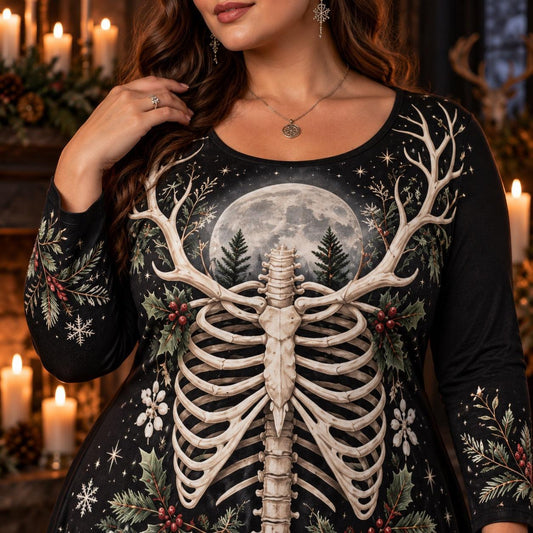 Yule Antler Skeleton Plus Size Pagan Dress – Winter Long Sleeve Maxi – close up of the printed artwork