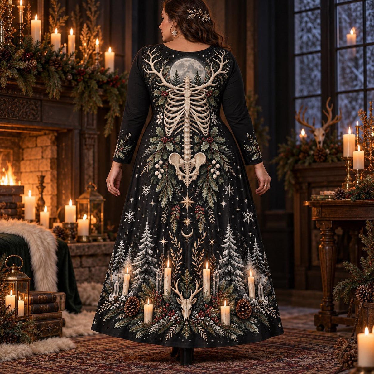 Yule Antler Skeleton Plus Size Pagan Dress – Winter Long Sleeve Maxi – worn, back view