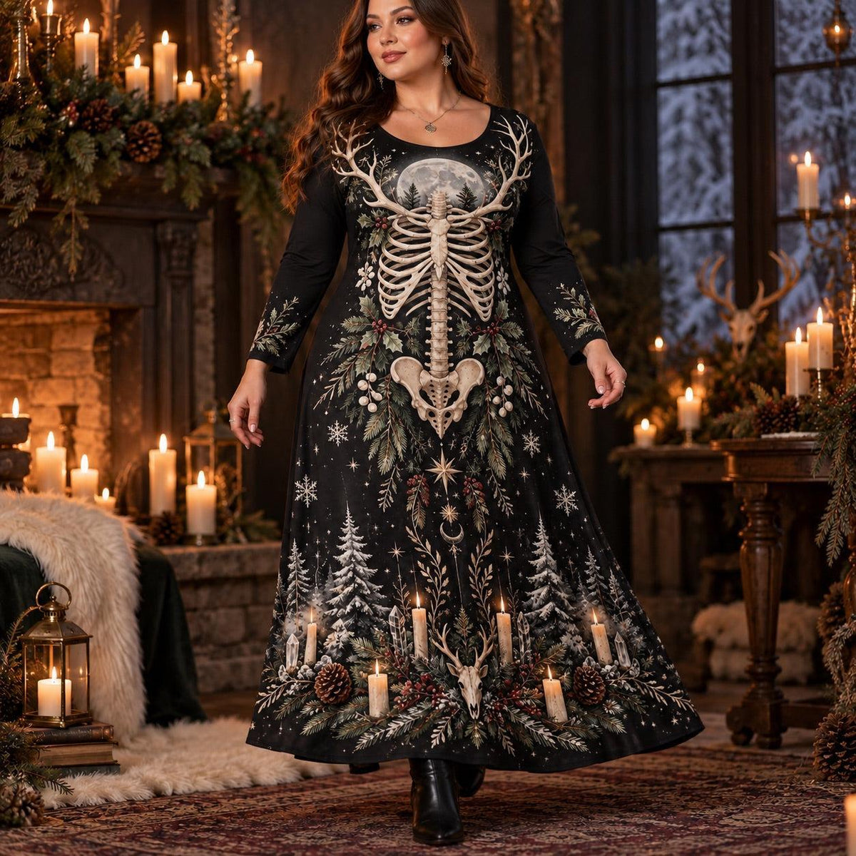 Yule Antler Skeleton Plus Size Pagan Dress – Winter Long Sleeve Maxi – worn, in motion