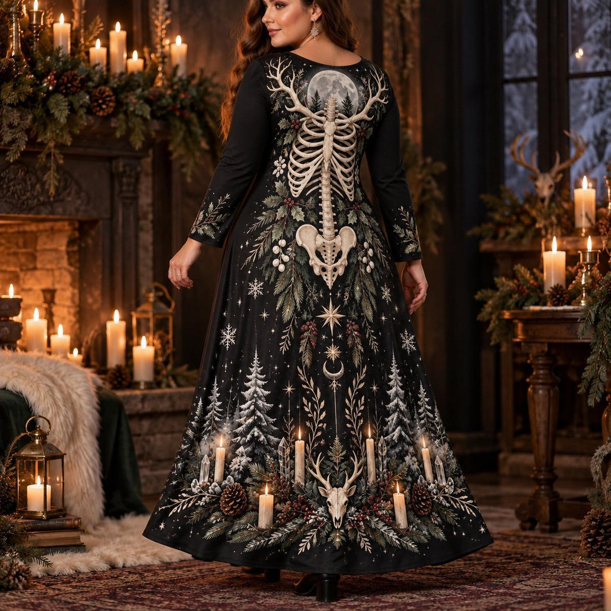 Yule Antler Skeleton Plus Size Pagan Dress – Winter Long Sleeve Maxi – worn, three quarter view