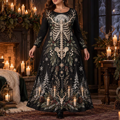 Yule Antler Skeleton Plus Size Pagan Dress – Winter Long Sleeve Maxi – worn, front view