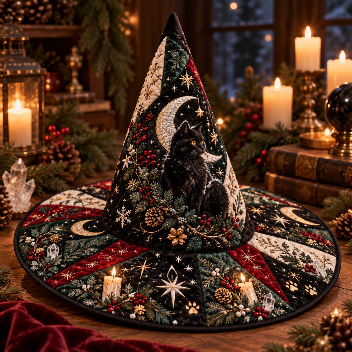 Yule Cat Quilted Witch Hat – Black Cat Pagan Winter Wide Brim Hat – on an altar table