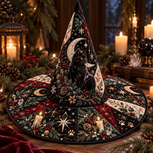 Yule Cat Quilted Witch Hat – Black Cat Pagan Winter Wide Brim Hat – styled with candles and crystals