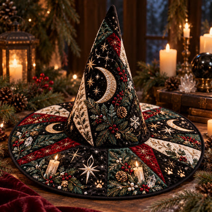 Yule Cat Quilted Witch Hat – Black Cat Pagan Winter Wide Brim Hat – on an altar table
