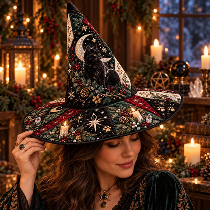 Yule Cat Quilted Witch Hat – Black Cat Pagan Winter Wide Brim Hat – worn by a model