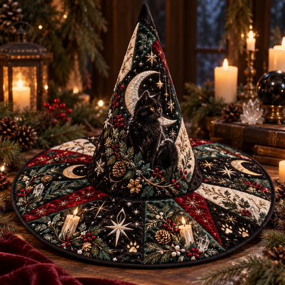 Yule Cat Quilted Witch Hat – Black Cat Pagan Winter Wide Brim Hat – styled with candles and crystals