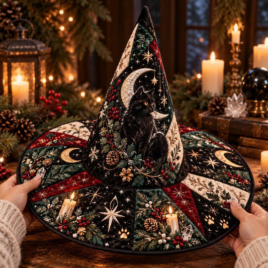 Yule Cat Quilted Witch Hat – Black Cat Pagan Winter Wide Brim Hat – held in both hands