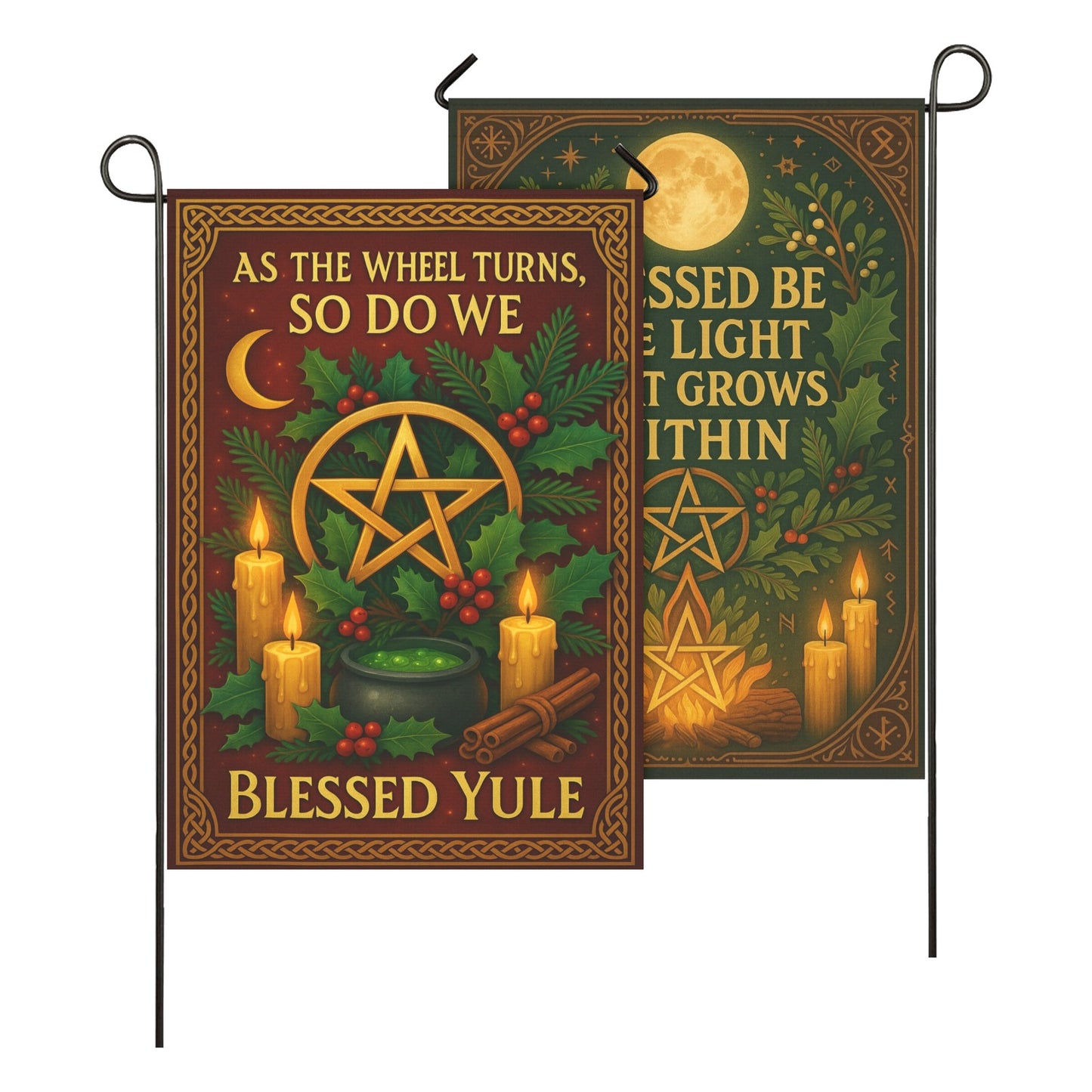 Yule Celebration with Pentacle Wicca Garden Flag and House Flag Pagan Home Decor-MoonChildWorld