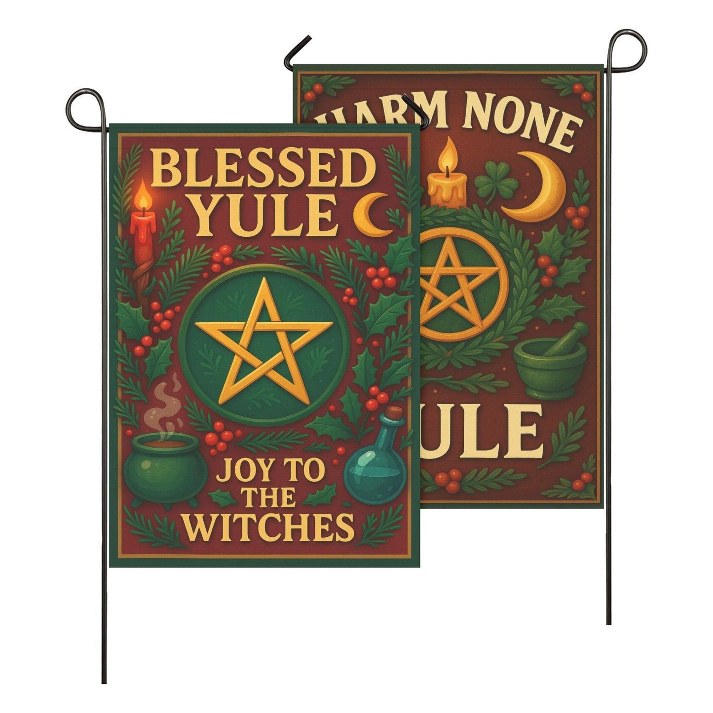 Yule Celebration with Pentacle Wicca Garden Flag and House Flag Pagan Home Decor-MoonChildWorld