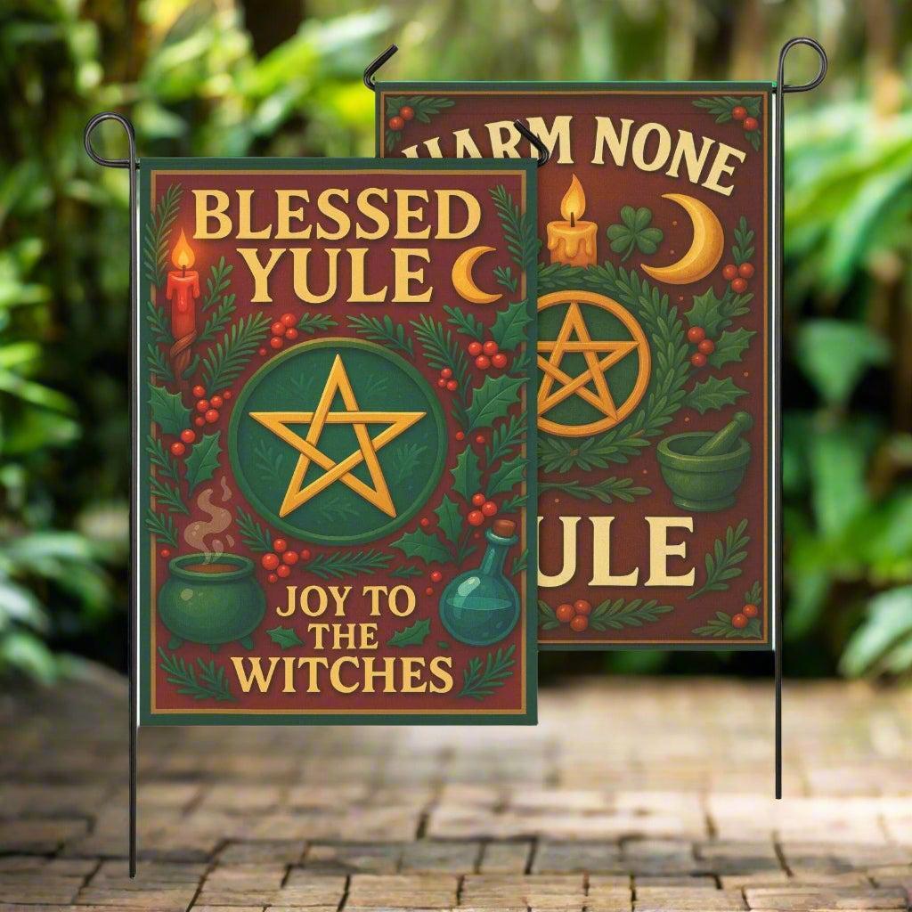 Yule Celebration with Pentacle Wicca Garden Flag and House Flag Pagan Home Decor-MoonChildWorld