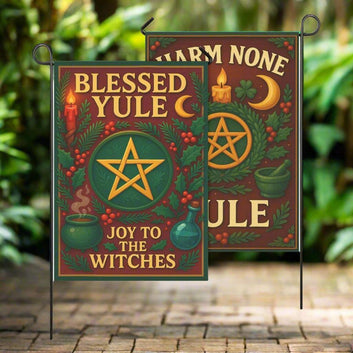 Yule Celebration with Pentacle Wicca Garden Flag and House Flag Pagan Home Decor