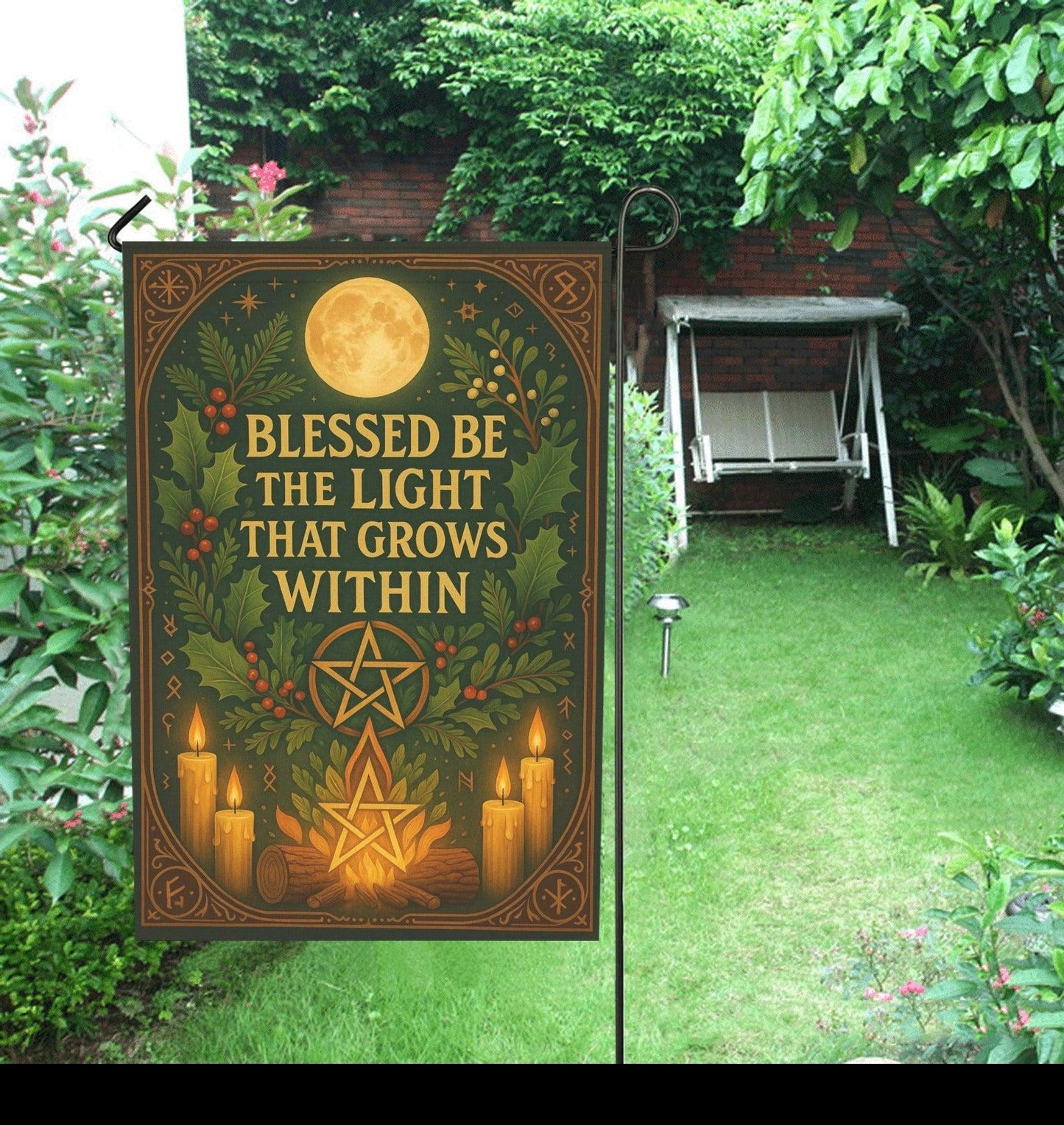 Yule Celebration with Pentacle Wicca Garden Flag and House Flag Pagan Home Decor-MoonChildWorld