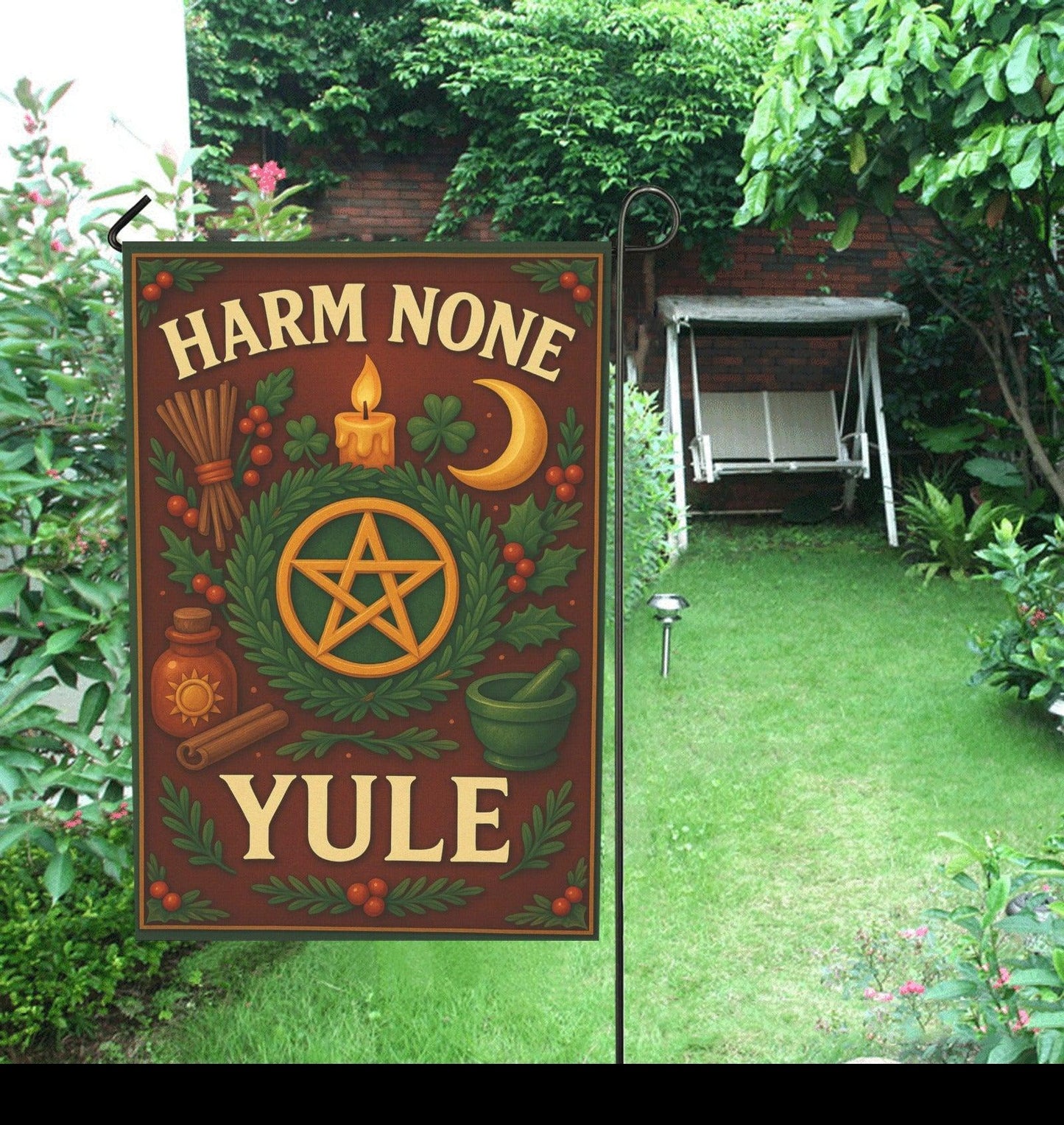 Yule Celebration with Pentacle Wicca Garden Flag and House Flag Pagan Home Decor-MoonChildWorld