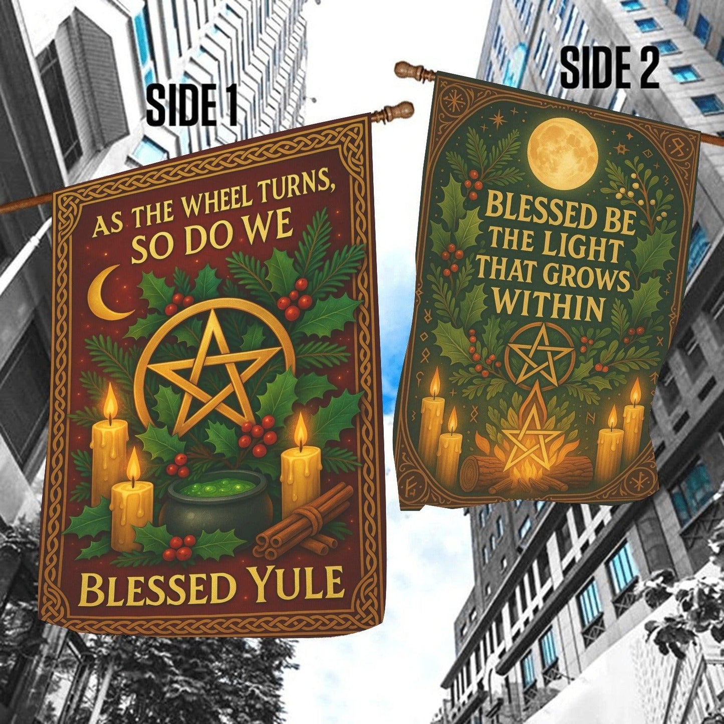 Yule Celebration with Pentacle Wicca Garden Flag and House Flag Pagan Home Decor-MoonChildWorld