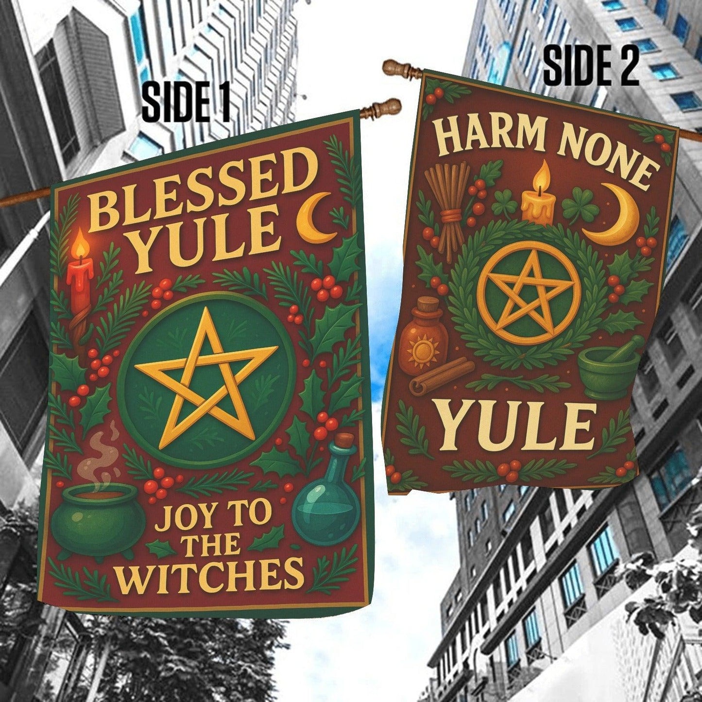 Yule Celebration with Pentacle Wicca Garden Flag and House Flag Pagan Home Decor-MoonChildWorld