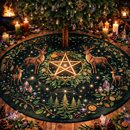 Dark green velvet Yule tree skirt with glowing pentagram, deer, pine trees, and crystals.