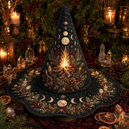Yule Fire Witch Hat – Solstice Evergreen Pagan Wide Brim Hat – worn, front view