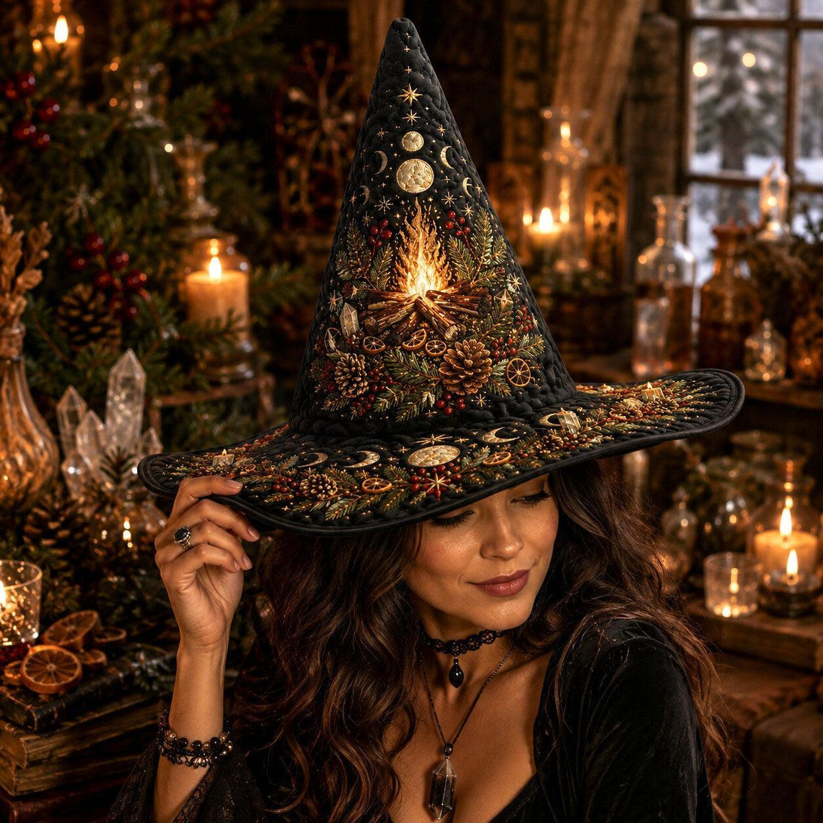 Yule Fire Witch Hat – Solstice Evergreen Pagan Wide Brim Hat – quilting and print detail