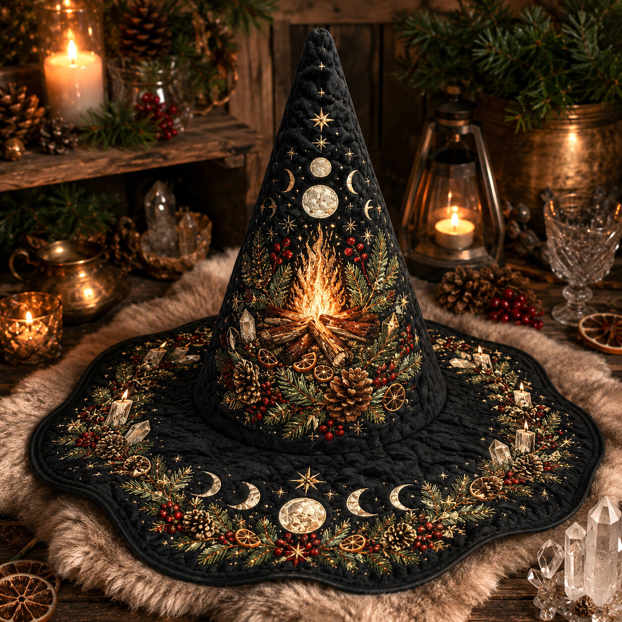 Yule Fire Witch Hat – Solstice Evergreen Pagan Wide Brim Hat – on an altar table