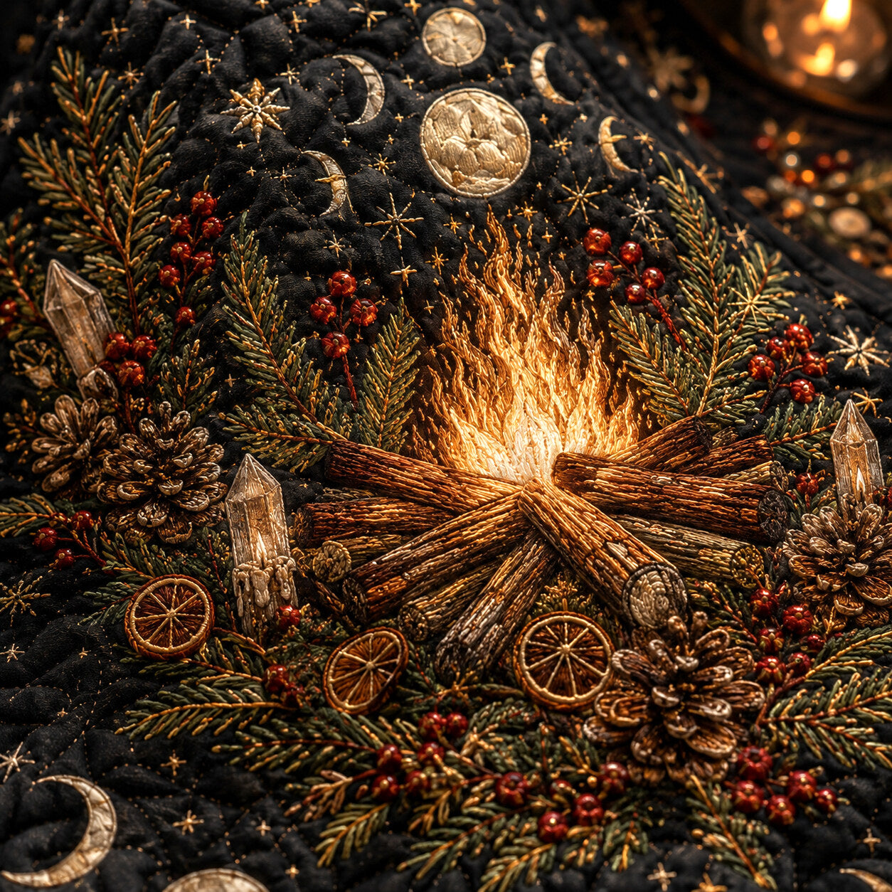 Yule Fire Witch Hat – Solstice Evergreen Pagan Wide Brim Hat – styled with candles and crystals