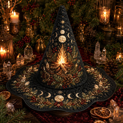 Yule Fire Witch Hat – Solstice Evergreen Pagan Wide Brim Hat – worn, front view
