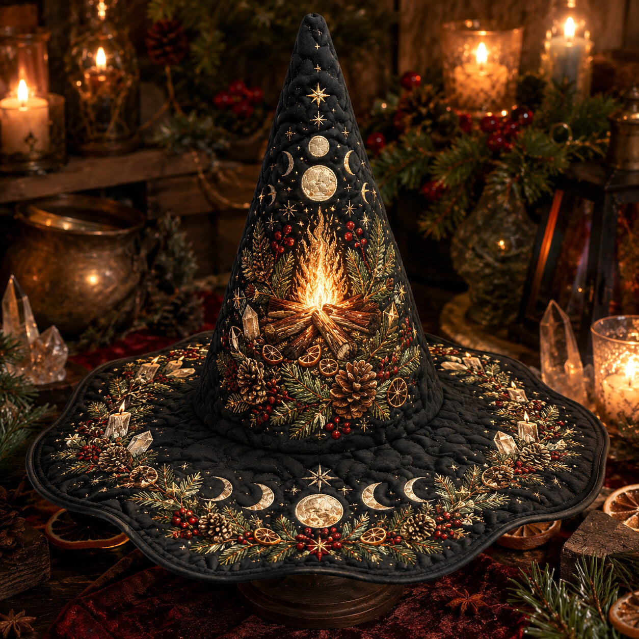 Yule Fire Witch Hat – Solstice Evergreen Pagan Wide Brim Hat – held in both hands