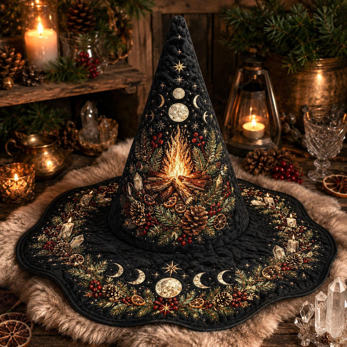 Yule Fire Witch Hat – Solstice Evergreen Pagan Wide Brim Hat – on an altar table