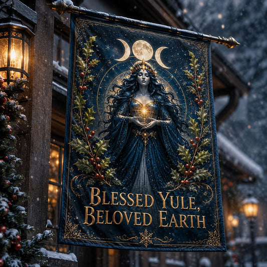 Yule Goddess Awakening house flag displayed outdoors on a garden flag stand