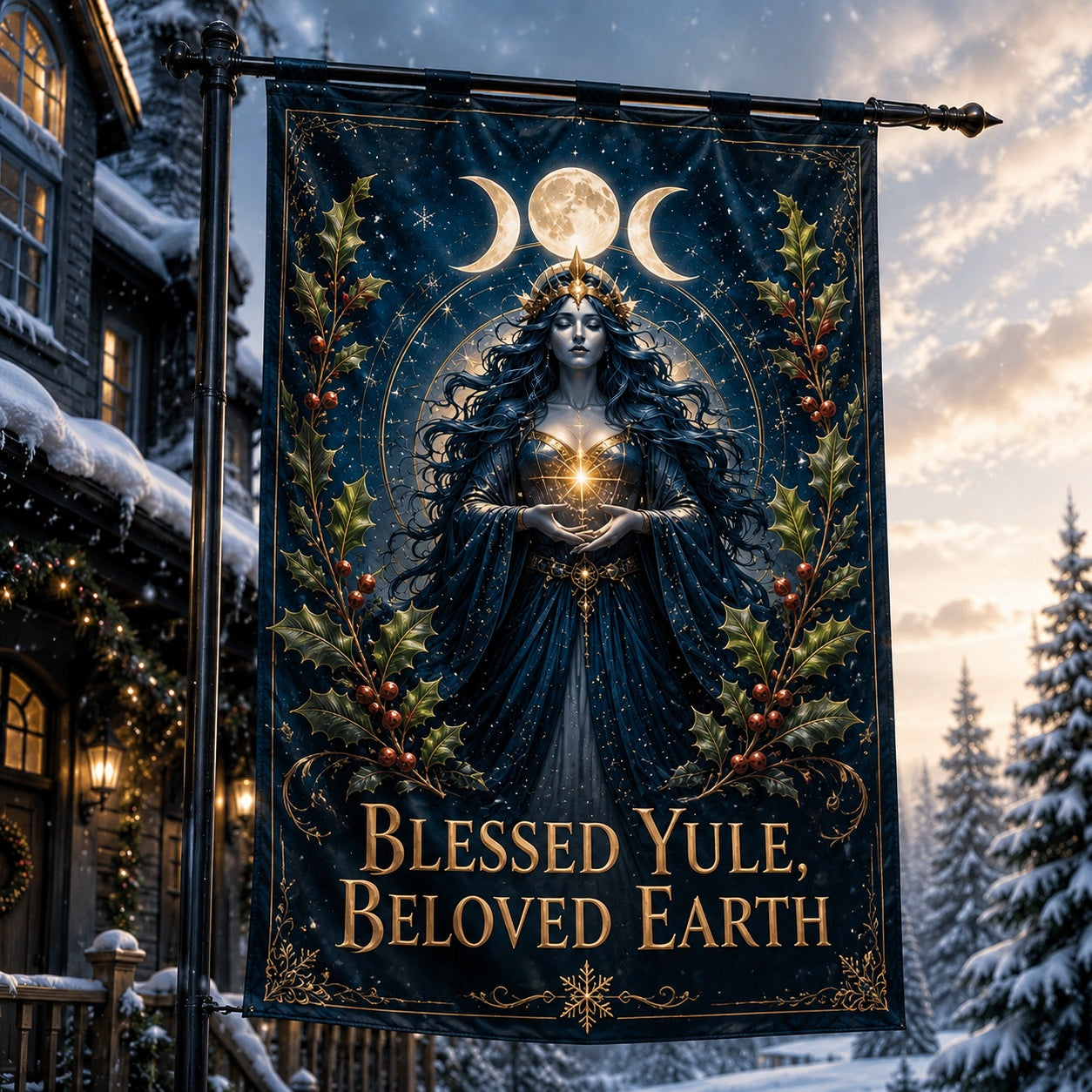 Yule Goddess Awakening house flag with Blessed Yule lettering, pagan winter design