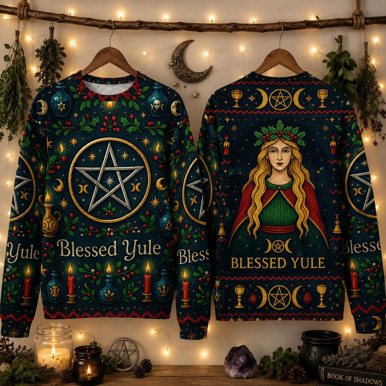 Yule Goddess Pagan Sweatshirt Blessed Yule Wicca Christmas Sweater-MoonChildWorld