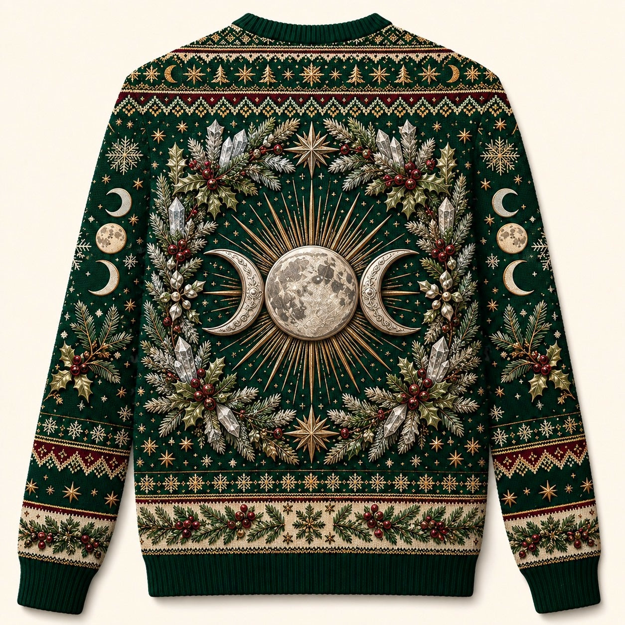 Yule Goddess Sweater Evergreen Triple Moon Winter Solstice Knit back view