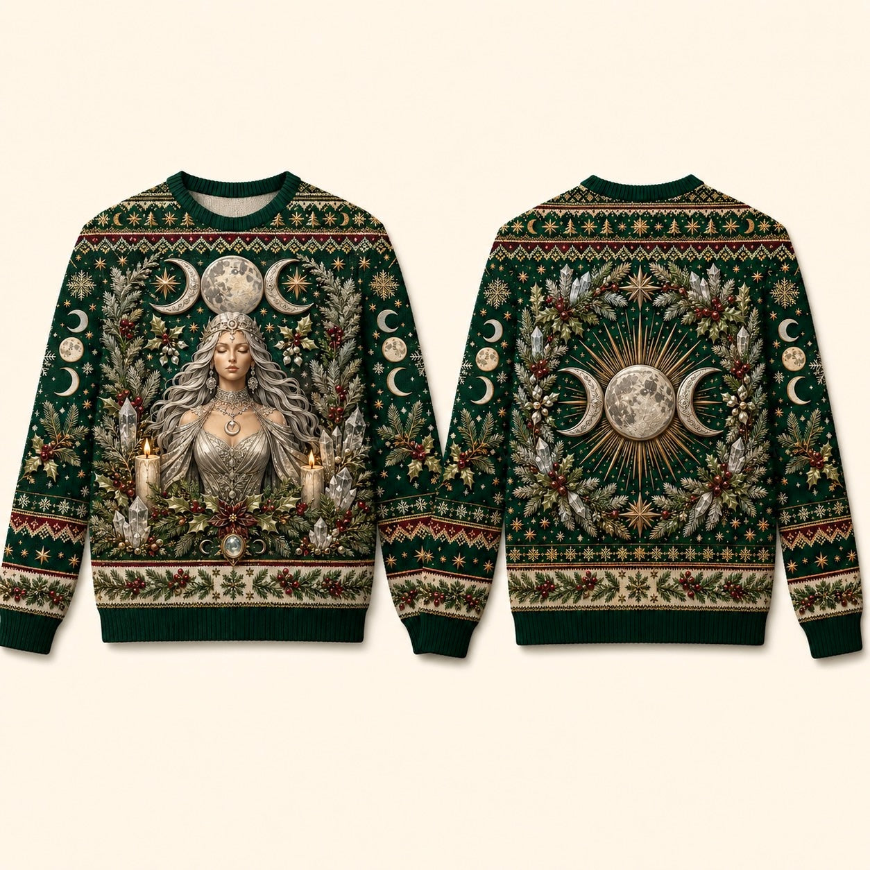 Yule Goddess Sweater Evergreen Triple Moon Winter Solstice Knit front and back together