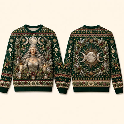 Yule Goddess Sweater Evergreen Triple Moon Winter Solstice Knit front and back together