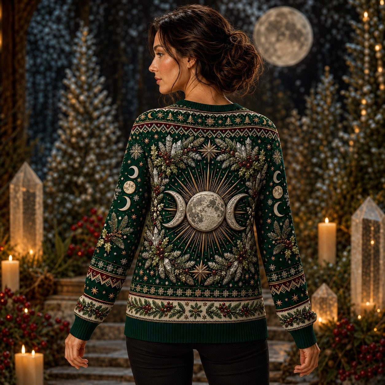 Yule Goddess Sweater Evergreen Triple Moon Winter Solstice Knit worn, back view