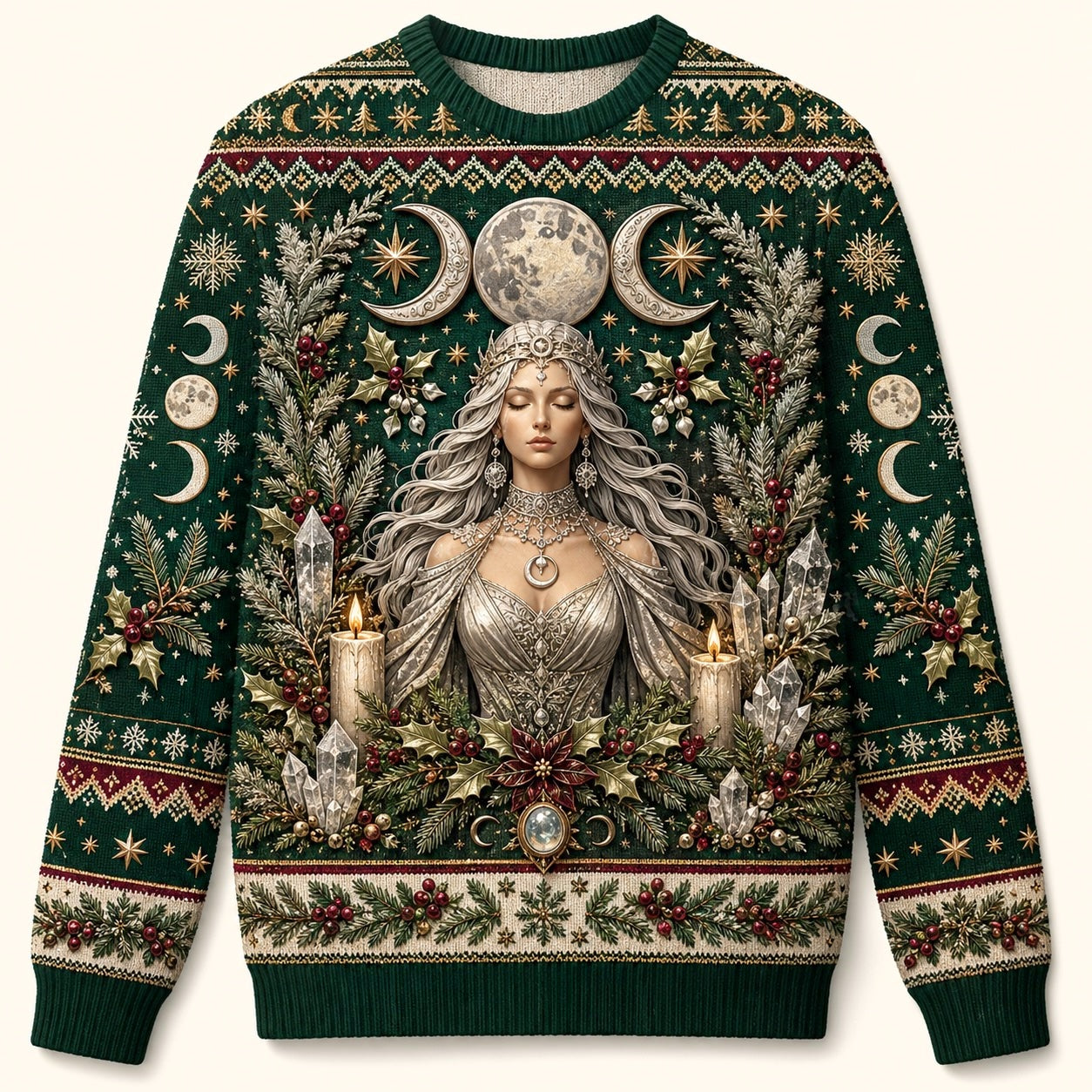 Yule Goddess Sweater Evergreen Triple Moon Winter Solstice Knit front view