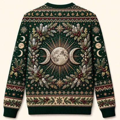 Yule Goddess Sweater Evergreen Triple Moon Winter Solstice Knit back view
