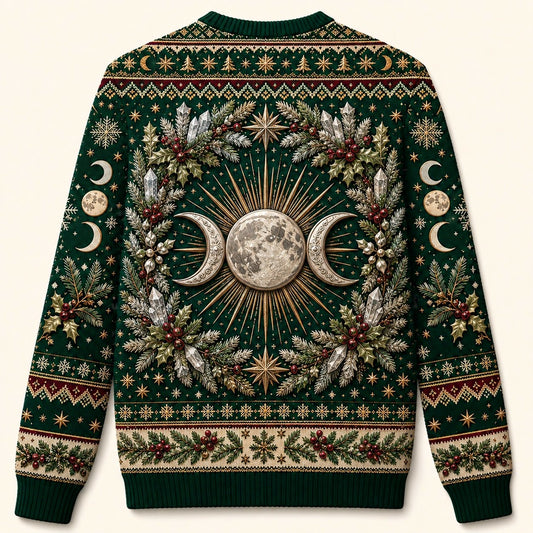 Yule Goddess Sweater Evergreen Triple Moon Winter Solstice Knit back view
