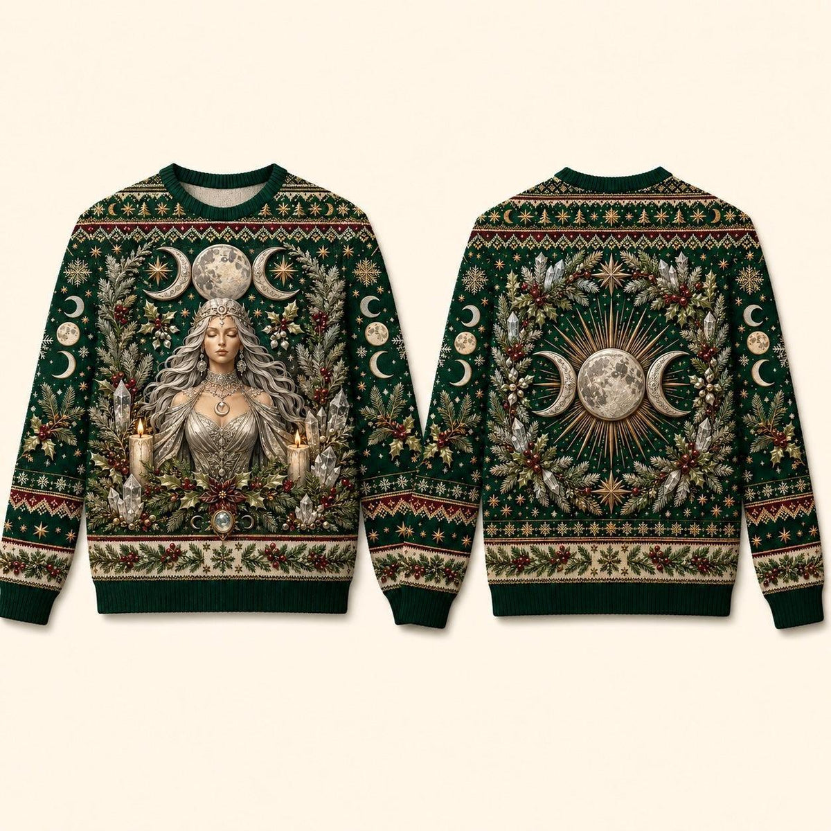 Yule Goddess Sweater Evergreen Triple Moon Winter Solstice Knit front and back together