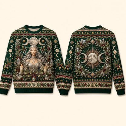 Yule Goddess Sweater Evergreen Triple Moon Winter Solstice Knit front and back together