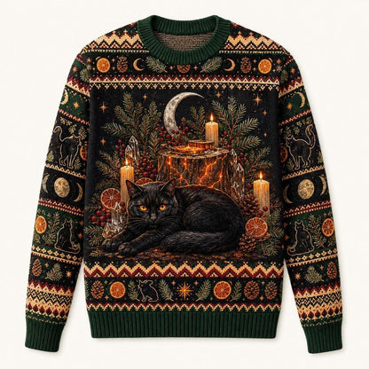 Yule Log Cat Sweater Black Cat Gold Crescent Winter Knit front view