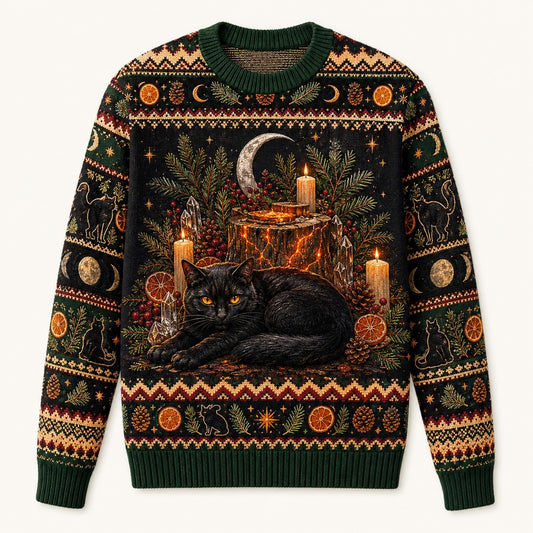 Yule Log Cat Sweater Black Cat Gold Crescent Winter Knit front view