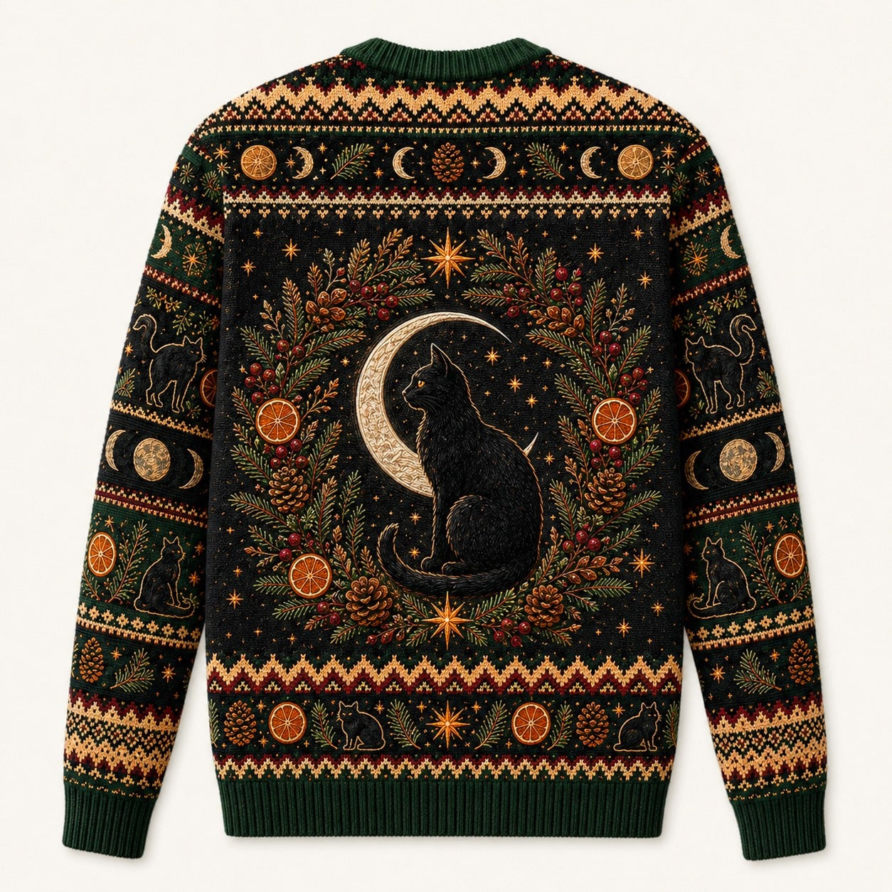 Yule Log Cat Sweater Black Cat Gold Crescent Winter Knit back view
