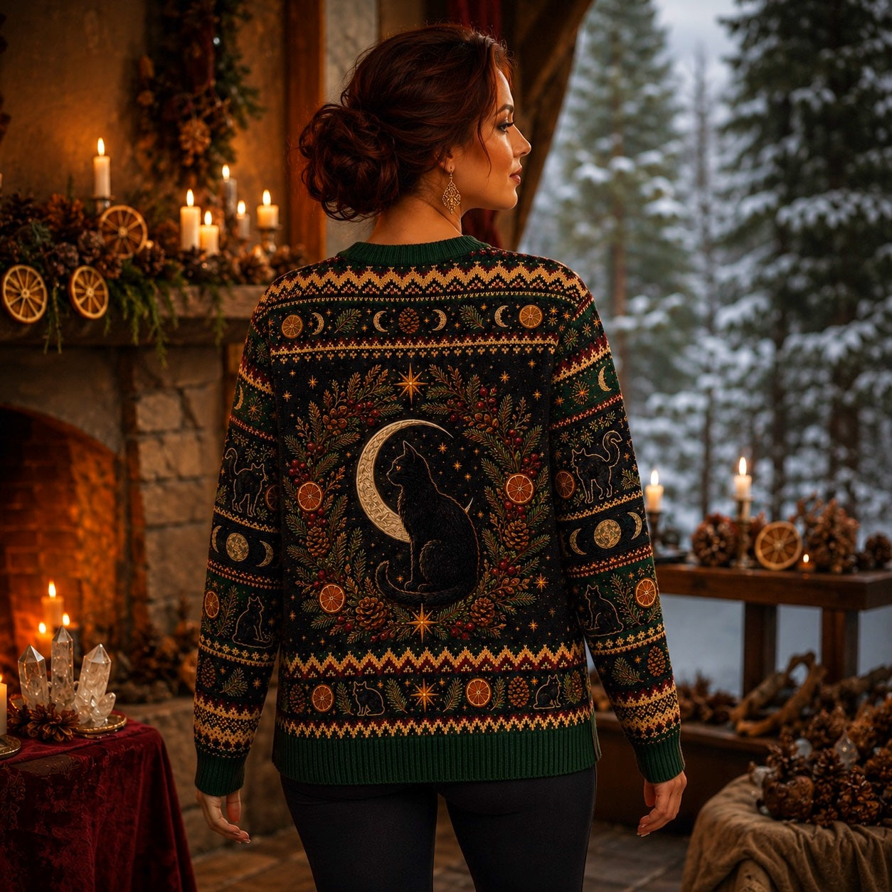 Yule Log Cat Sweater Black Cat Gold Crescent Winter Knit worn, back view