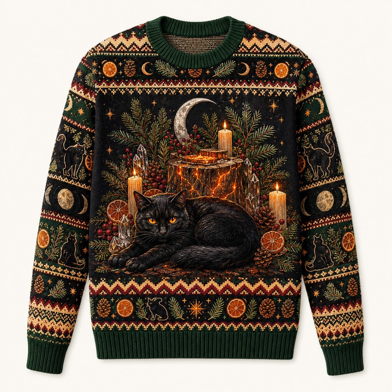 Yule Log Cat Sweater Black Cat Gold Crescent Winter Knit front view