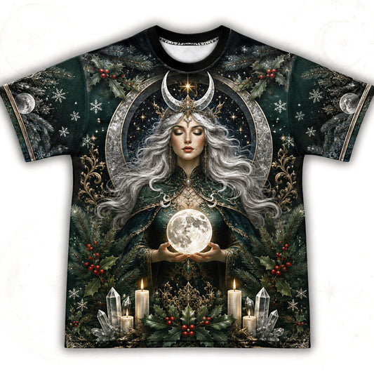 Yule Moon Goddess T-Shirt Evergreen Candle Winter Solstice Tee front view