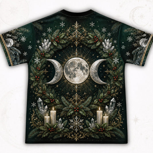 Yule Moon Goddess T-Shirt Evergreen Candle Winter Solstice Tee back view
