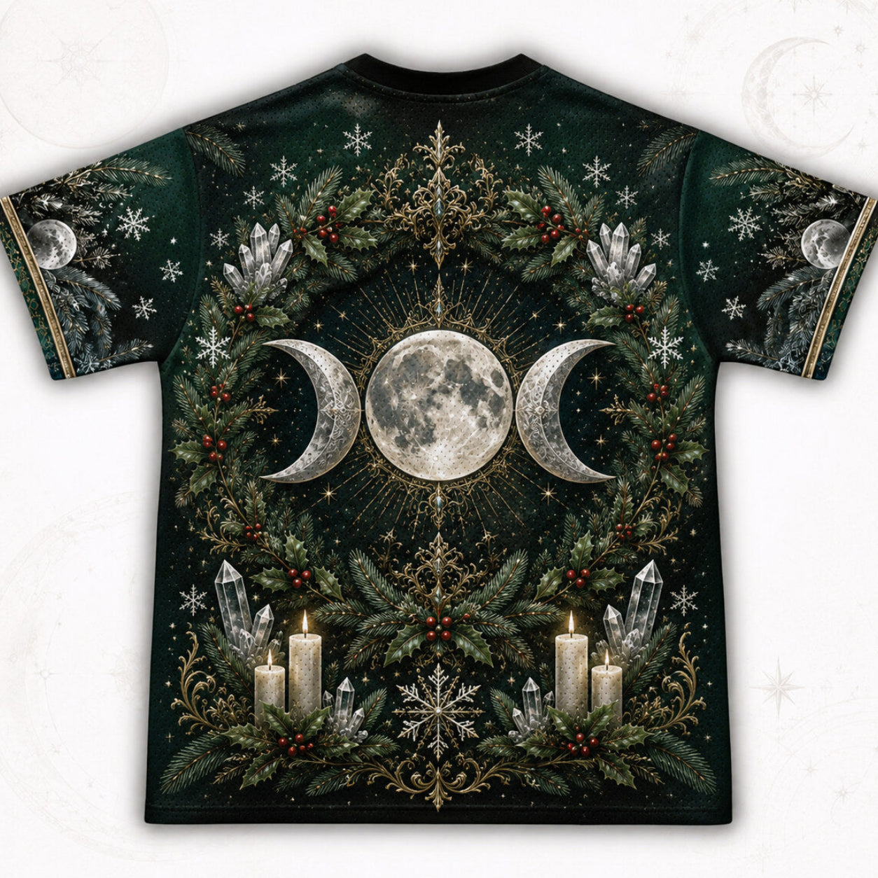 Yule Moon Goddess T-Shirt Evergreen Candle Winter Solstice Tee back view