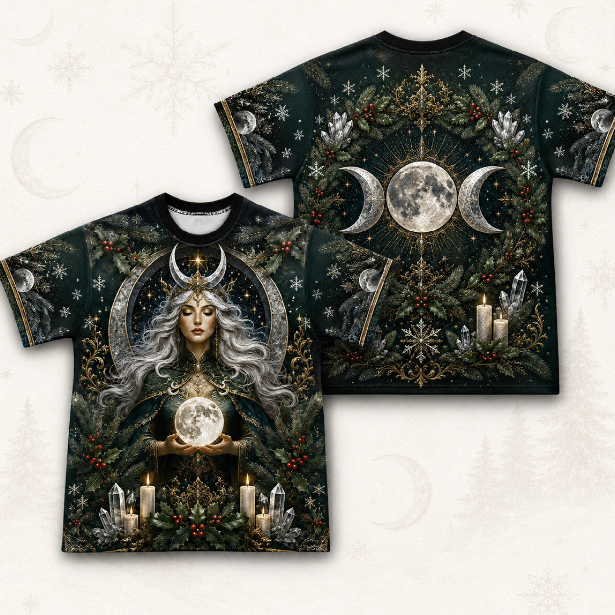 Yule Moon Goddess T-Shirt Evergreen Candle Winter Solstice Tee front and back together